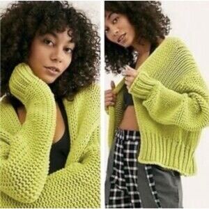 Aerie Cardigan S Open Front Crochet Chunky Knit Bright Lime Green 100% Cotton